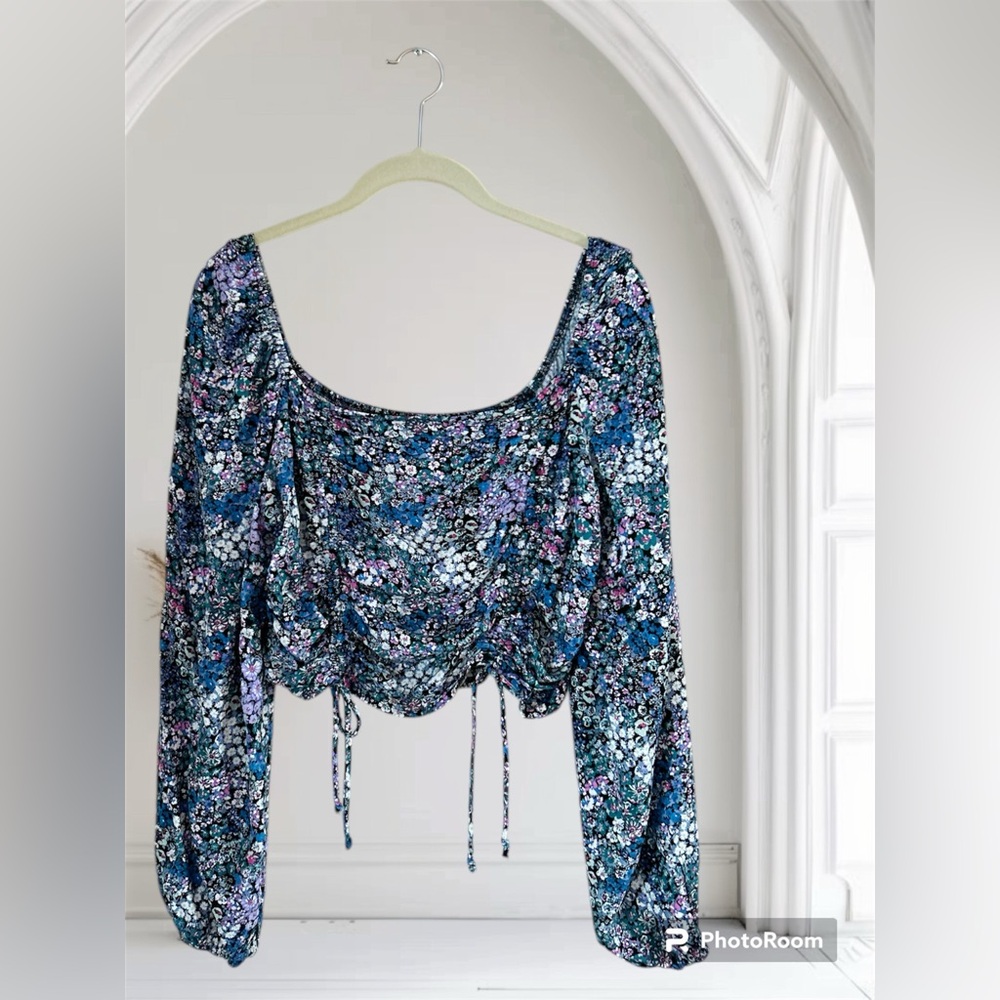 Wild Fable Floral Ruched Tie Front Crop Blouse Size Large